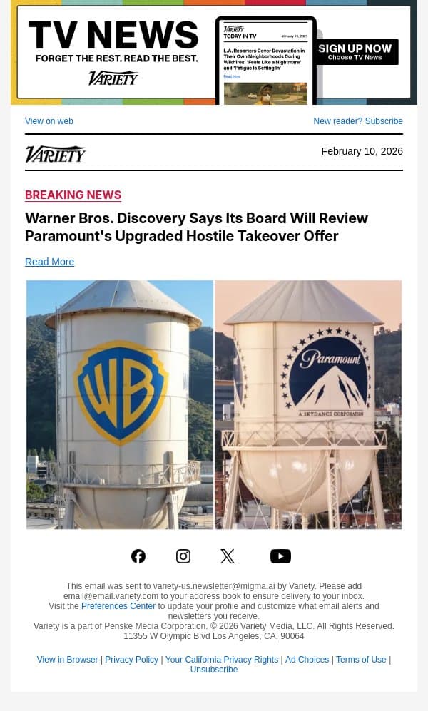 Warner Bros. Discovery Says Its Board Will Review Paramount's Upgraded Hostile Takeover Offer email from Variety screenshot