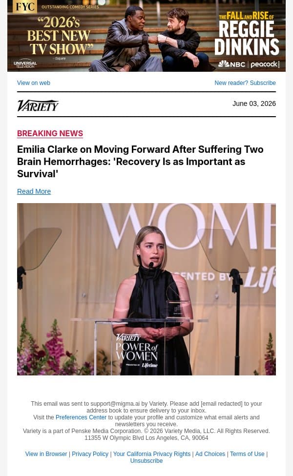 Emilia Clarke on Moving Forward After Suffering Two Brain Hemorrhages: 'Recovery Is as Important as Survival' email from Variety screenshot