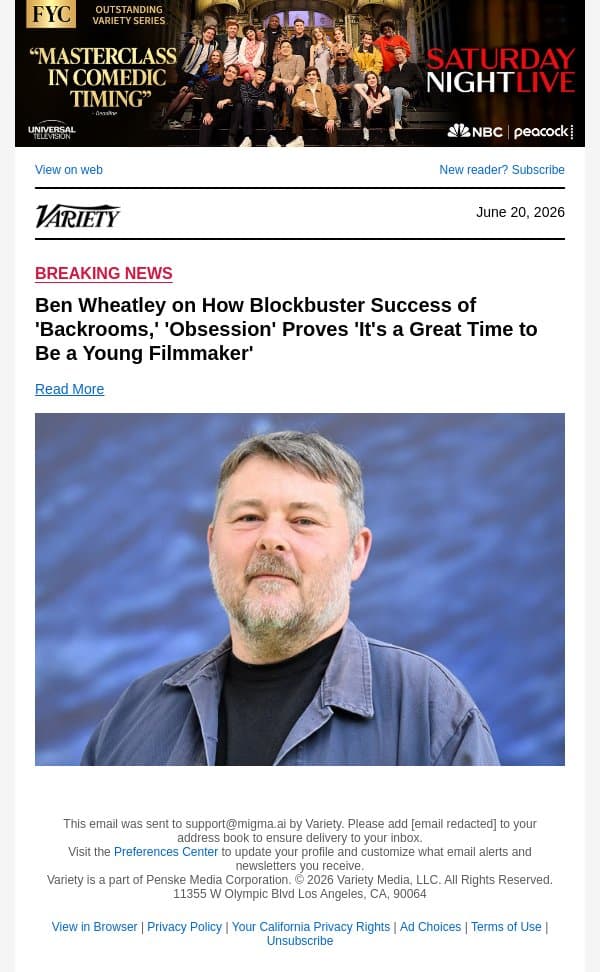Ben Wheatley on How Blockbuster Success of 'Backrooms,' 'Obsession' Proves 'It's a Great Time to Be a Young Filmmaker' email from Variety screenshot