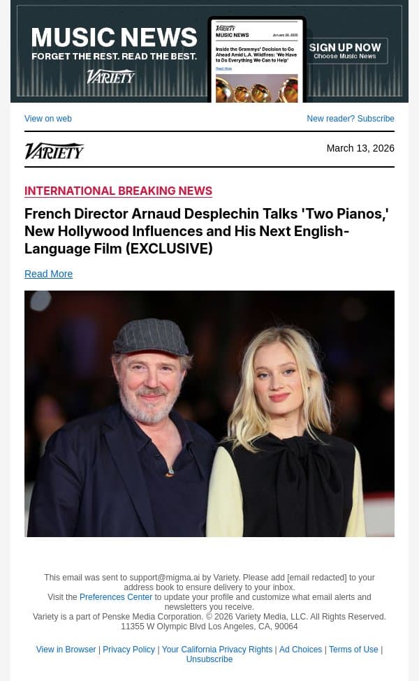 French Director Arnaud Desplechin Talks 'Two Pianos,' New Hollywood Influences and His Next English-Language Film (EXCLUSIVE) email from Variety screenshot
