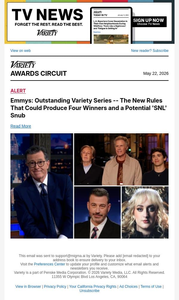 Emmys: Outstanding Variety Series -- The New Rules That Could Produce Four Winners and a Potential 'SNL' Snub email from Variety screenshot