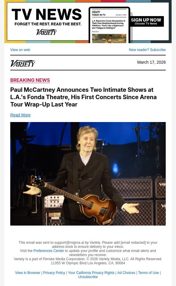 Paul McCartney Announces Two Intimate Shows at L.A.'s Fonda Theatre, His First Concerts Since Arena Tour Wrap-Up Last Year email from Variety screenshot