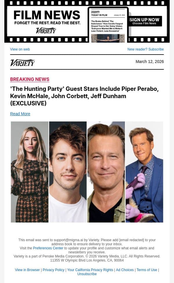 'The Hunting Party' Guest Stars Include Piper Perabo, Kevin McHale, John Corbett, Jeff Dunham (EXCLUSIVE) email from Variety screenshot