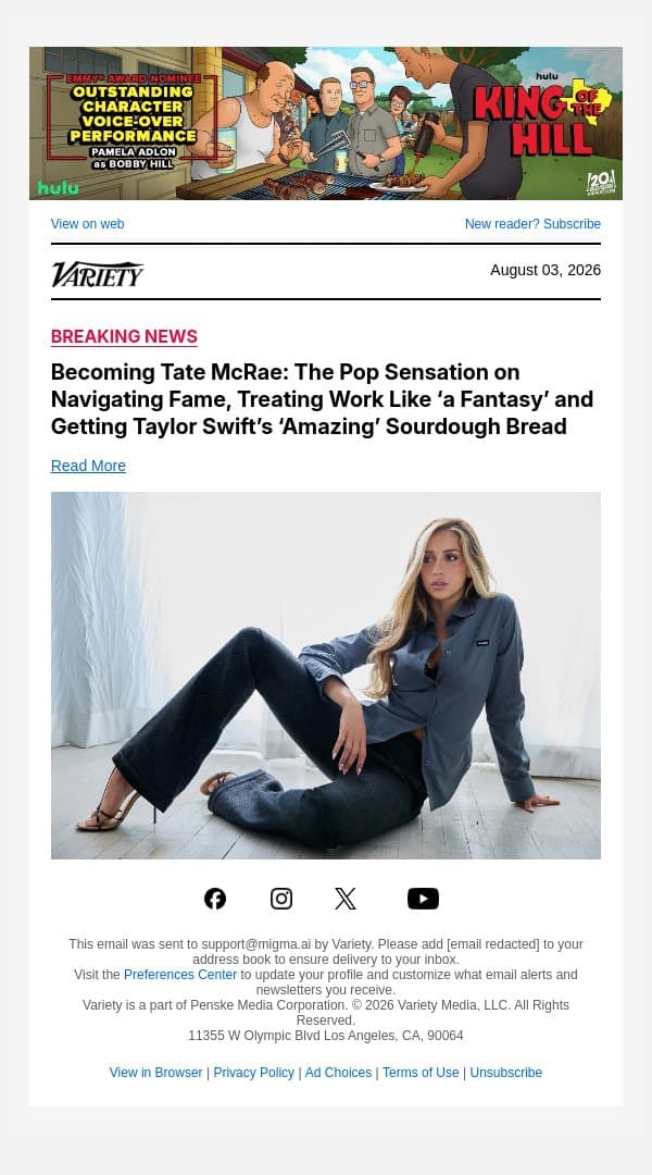 COVER STORY | Becoming Tate McRae: The Pop Sensation on Navigating Fame, Treating Work Like ‘a Fantasy’ and Getting Taylor Swift’s ‘Amazing’ Sourdough Bread email from Variety screenshot