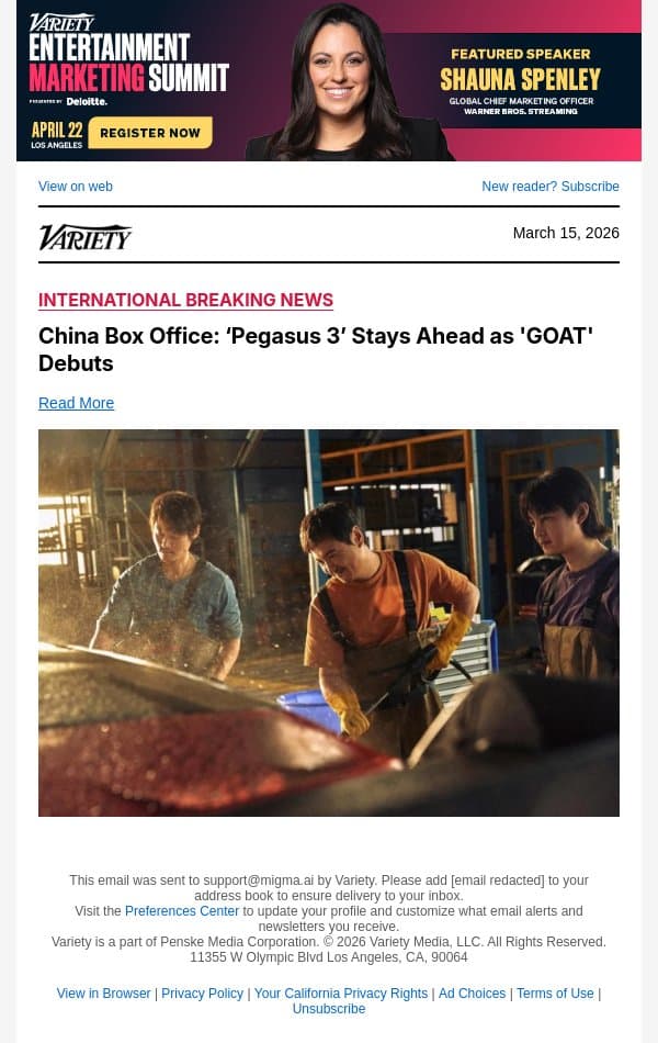 China Box Office: ‘Pegasus 3’ Stays Ahead as 'GOAT' Debuts email from Variety screenshot