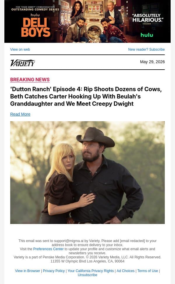 'Dutton Ranch' Episode 4: Rip Shoots Dozens of Cows, Beth Catches Carter Hooking Up With Beulah's Granddaughter and We Meet Creepy Dwight email from Variety screenshot