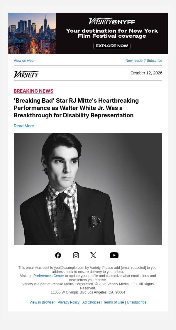 'Breaking Bad' Star RJ Mitte's Heartbreaking Performance as Walter White Jr. Was a Breakthrough for Disability Representation email from Variety screenshot