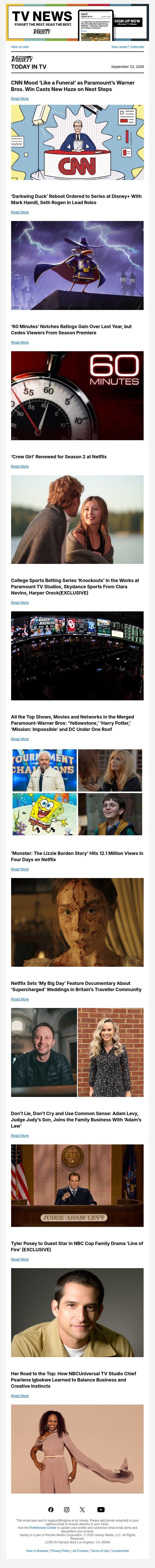 Inside CNN Post Paramount, Warner Bros. Merger; 'Darkwing Duck' Reboot; '60 Minutes' Ratings email from Variety screenshot