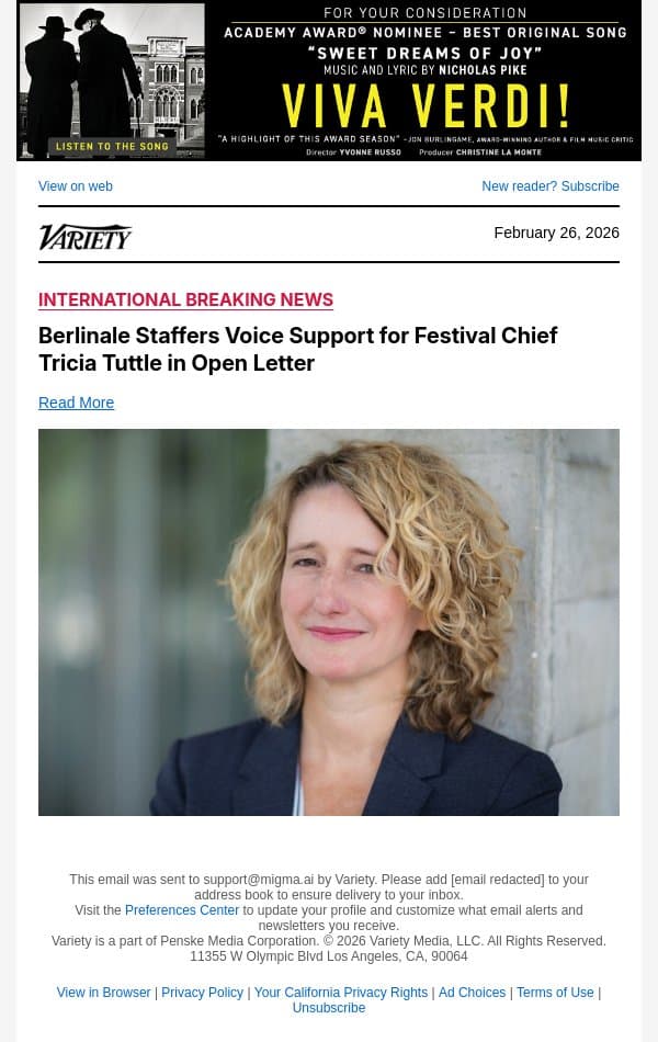 Berlinale Staffers Voice Support for Festival Chief Tricia Tuttle in Open Letter email from Variety screenshot