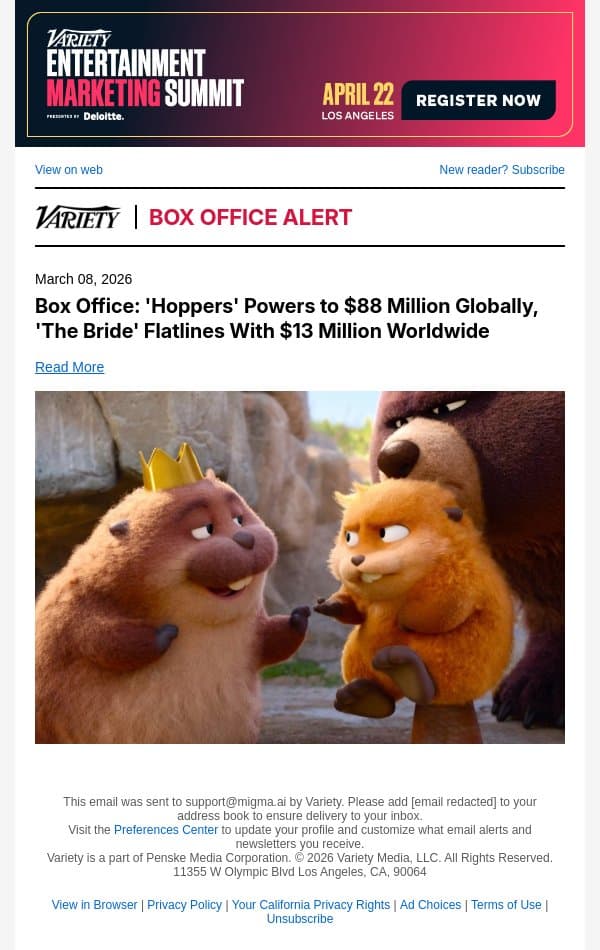 Box Office: 'Hoppers' Powers to $88 Million Globally, 'The Bride' Flatlines With $13 Million Worldwide email from Variety screenshot