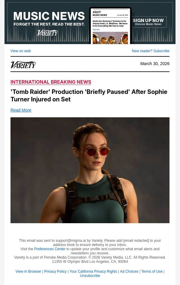 'Tomb Raider' Production 'Briefly Paused' After Sophie Turner Injured on Set email from Variety screenshot