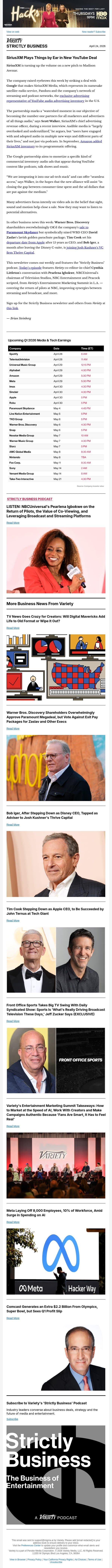 Strictly Business Newsletter & Podcast: SiriusXM All Ears in YouTube Ad Pact; NBCU's Pearlena Igbokwe on the State of TV; WBD Investors Vote Against Zaslav Pay Package; Bob Iger's Next Act; TV News Crazy for Creators; Front Office Sport's TV Moment; and More email from Variety screenshot