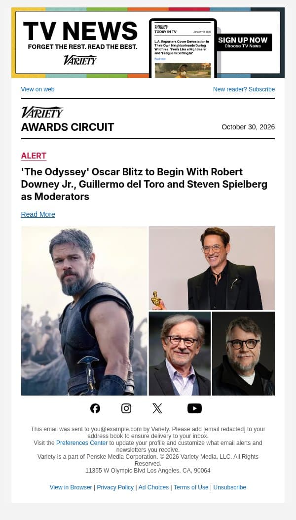 'The Odyssey' Oscar Blitz to Begin With Robert Downey Jr., Guillermo del Toro and Steven Spielberg as Moderators email from Variety screenshot