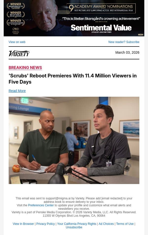 'Scrubs' Reboot Premieres With 11.4 Million Viewers in Five Days email from Variety screenshot