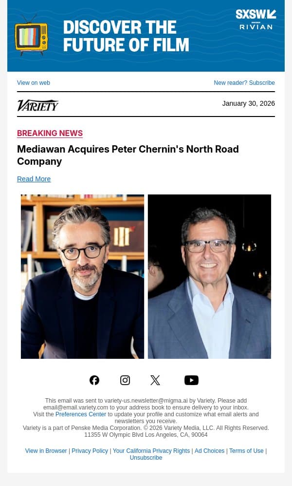 Mediawan Acquires Peter Chernin's North Road Company email from Variety screenshot
