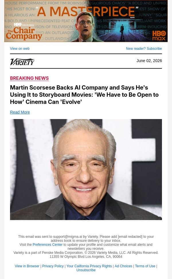 Martin Scorsese Backs AI Company and Says He's Using It to Storyboard Movies: 'We Have to Be Open to How' Cinema Can 'Evolve' email from Variety screenshot