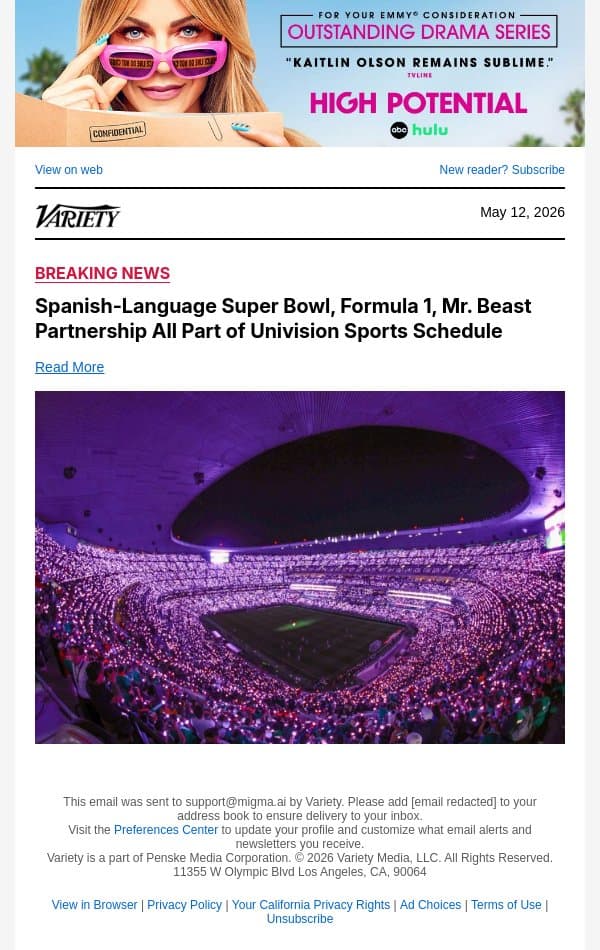 Spanish-Language Super Bowl, Formula 1, Mr. Beast Partnership All Part of Univision Sports Schedule email from Variety screenshot