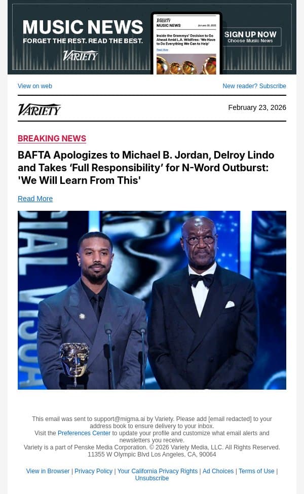 BAFTA Apologizes to Michael B. Jordan, Delroy Lindo and Takes ‘Full Responsibility’ for N-Word Outburst: 'We Will Learn From This' email from Variety screenshot