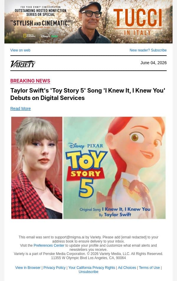 Taylor Swift's 'Toy Story 5' Song 'I Knew It, I Knew You' Debuts on Digital Services email from Variety screenshot
