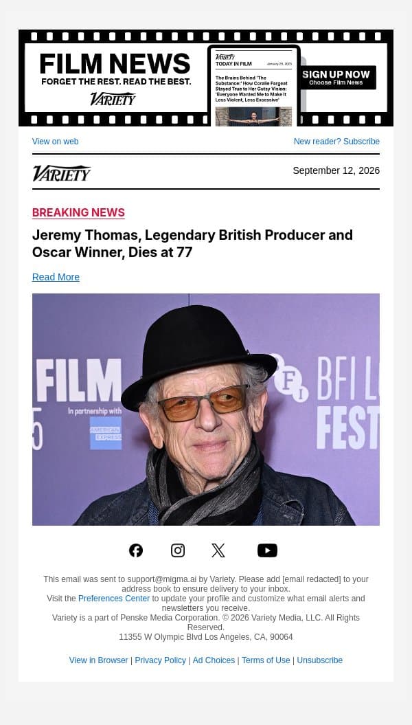 Jeremy Thomas, Legendary British Producer and Oscar Winner, Dies at 77 email from Variety screenshot