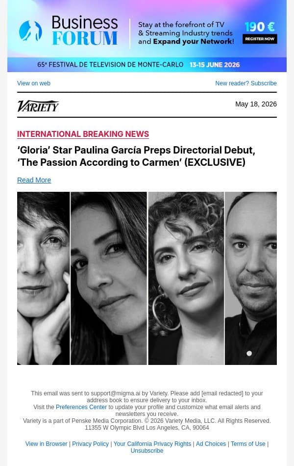‘Gloria’ Star Paulina García Preps Directorial Debut, ‘The Passion According to Carmen’ (EXCLUSIVE) email from Variety screenshot