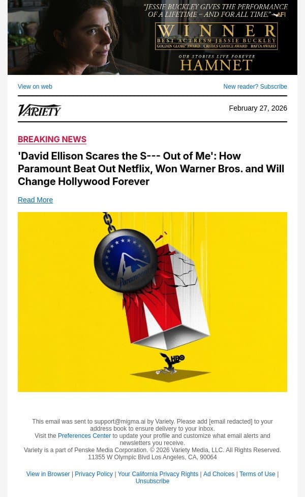 'David Ellison Scares the S--- Out of Me': How Paramount Beat Out Netflix, Won Warner Bros. and Will Change Hollywood Forever email from Variety screenshot