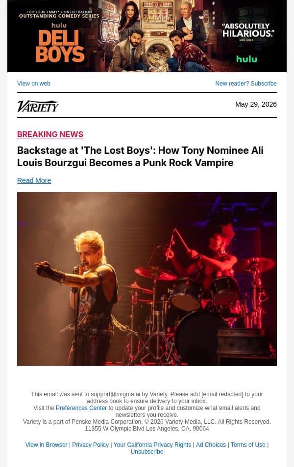Backstage at 'The Lost Boys': How Tony Nominee Ali Louis Bourzgui Becomes a Punk Rock Vampire email from Variety screenshot