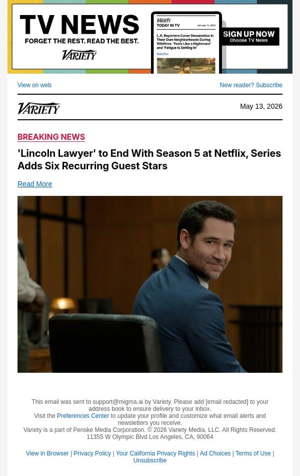 'Lincoln Lawyer' to End With Season 5 at Netflix, Series Adds Six Recurring Guest Stars email from Variety screenshot