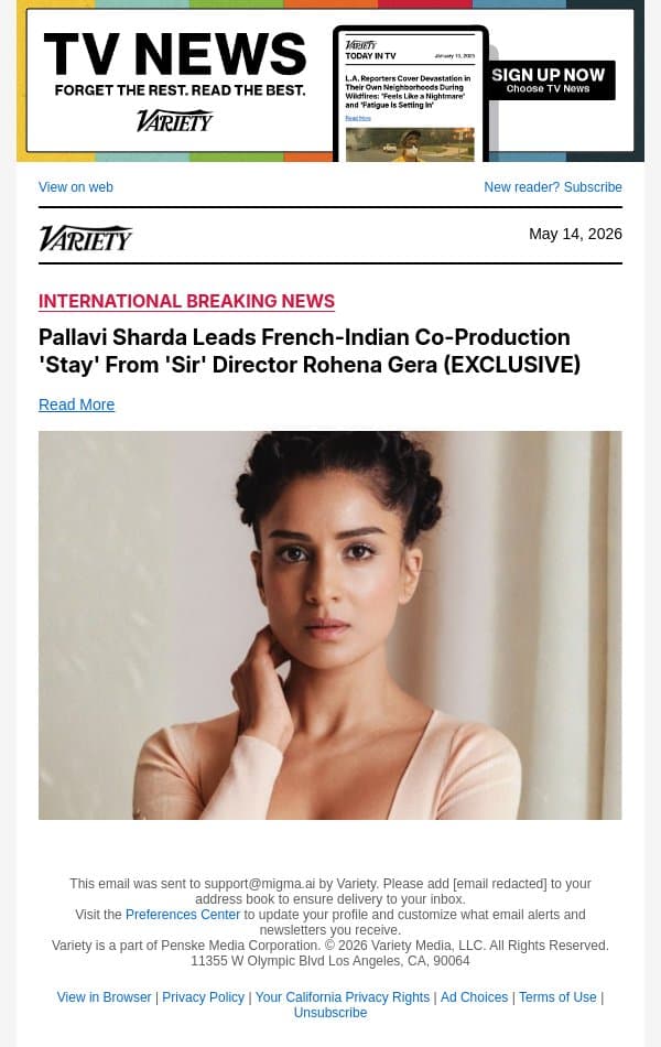 Pallavi Sharda Leads French-Indian Co-Production 'Stay' From 'Sir' Director Rohena Gera (EXCLUSIVE) email from Variety screenshot