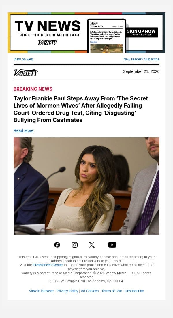 Taylor Frankie Paul Steps Away From ‘The Secret Lives of Mormon Wives’ After Allegedly Failing Court-Ordered Drug Test, Citing ‘Disgusting’ Bullying From Castmates email from Variety screenshot