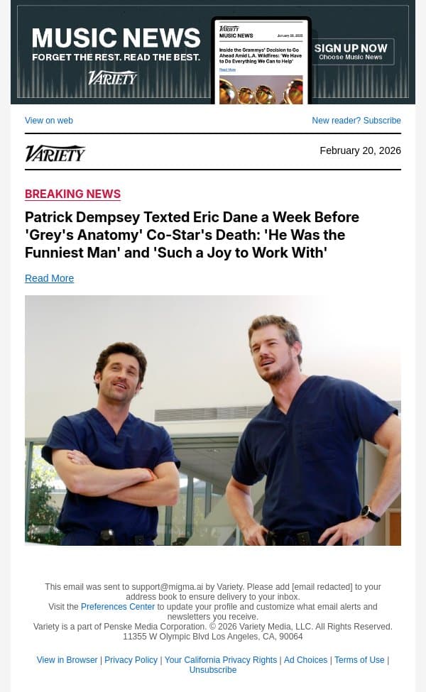 Patrick Dempsey Texted Eric Dane a Week Before 'Grey's Anatomy' Co-Star's Death: 'He Was the Funniest Man' and 'Such a Joy to Work With' email from Variety screenshot