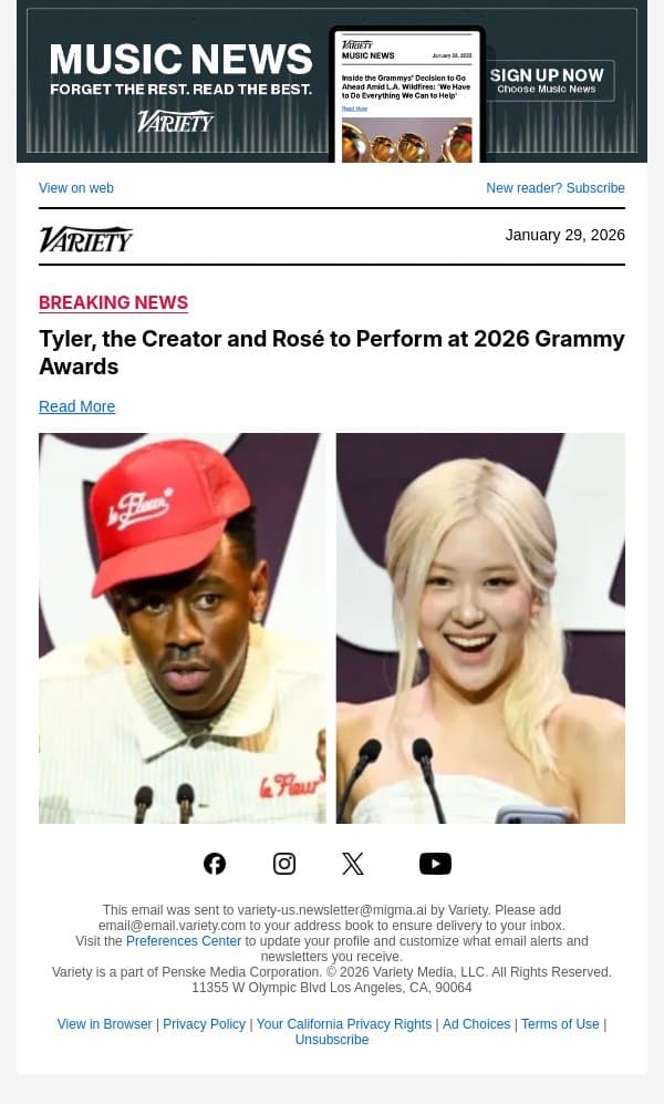 Tyler, the Creator and Rosé to Perform at 2026 Grammy Awards email from Variety screenshot