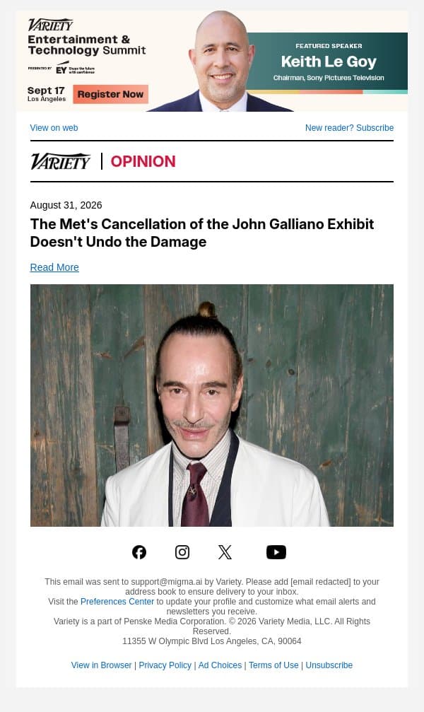 The Met's Cancellation of the John Galliano Exhibit Doesn't Undo the Damage email from Variety screenshot