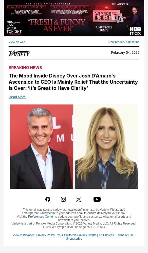 The Mood Inside Disney Over Josh D’Amaro's Ascension to CEO Is Mainly Relief That the Uncertainty Is Over: ‘It’s Great to Have Clarity’ email from Variety screenshot