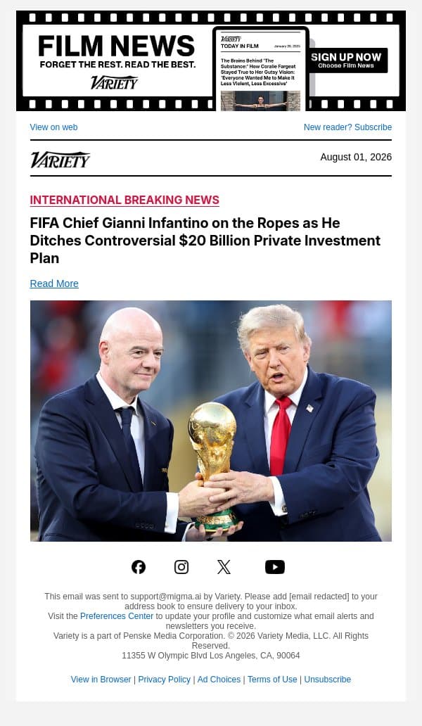 FIFA Chief Gianni Infantino on the Ropes as He Ditches Controversial $20 Billion Private Investment Plan email from Variety screenshot