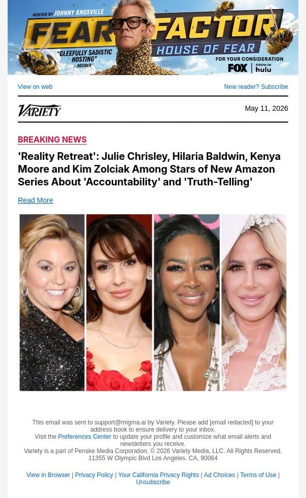 'Reality Retreat': Julie Chrisley, Hilaria Baldwin, Kenya Moore and Kim Zolciak Among Stars of New Amazon Series About 'Accountability' and 'Truth-Telling' email from Variety screenshot