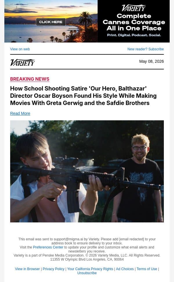 How School Shooting Satire 'Our Hero, Balthazar' Director Oscar Boyson Found His Style While Making Movies With Greta Gerwig and the Safdie Brothers email from Variety screenshot