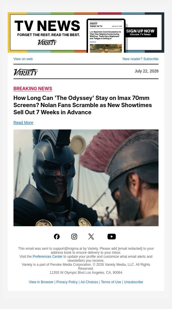 How Long Can 'The Odyssey' Stay on Imax 70mm Screens? Nolan Fans Scramble as New Showtimes Sell Out 7 Weeks in Advance email from Variety screenshot