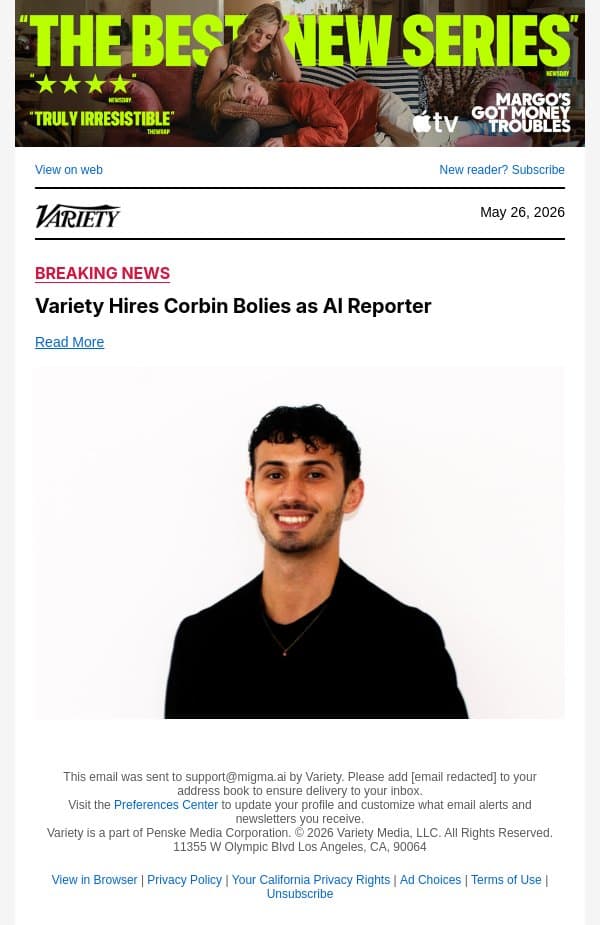 Variety Hires Corbin Bolies as AI Reporter email from Variety screenshot