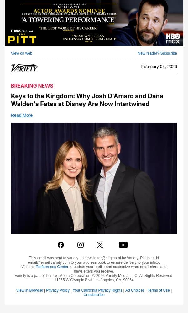 Keys to the Kingdom: Why Josh D'Amaro and Dana Walden's Fates at Disney Are Now Intertwined email from Variety screenshot