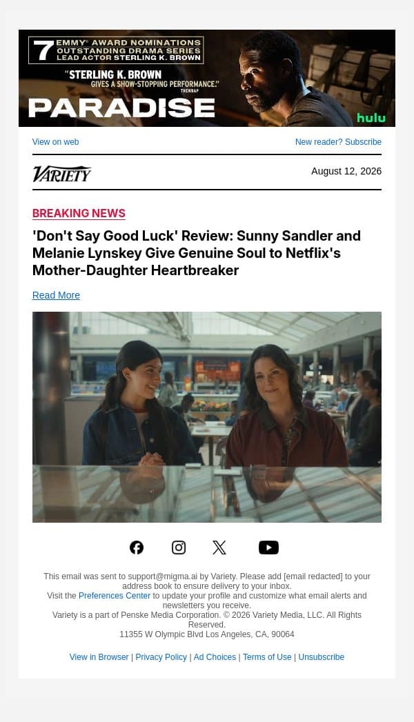 'Don't Say Good Luck' Review: Sunny Sandler and Melanie Lynskey Give Genuine Soul to Netflix's Mother-Daughter Heartbreaker email from Variety screenshot