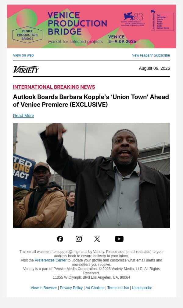 Autlook Boards Barbara Kopple's ‘Union Town’ Ahead of Venice Premiere (EXCLUSIVE) email from Variety screenshot