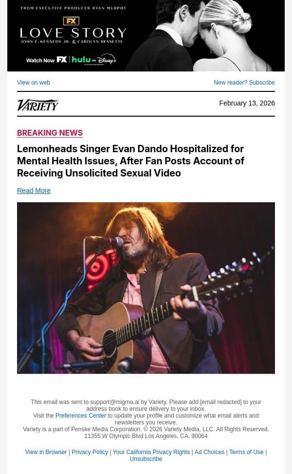 Lemonheads Singer Evan Dando Hospitalized for Mental Health Issues, After Fan Posts Account of Receiving Unsolicited Sexual Video email from Variety screenshot