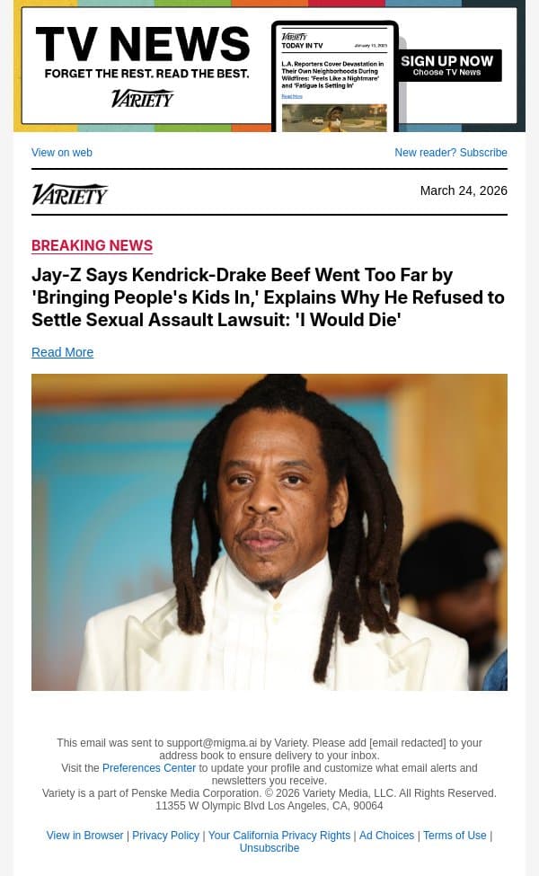 Jay-Z Says Kendrick-Drake Beef Went Too Far by 'Bringing People's Kids In,' Explains Why He Refused to Settle Sexual Assault Lawsuit: 'I Would Die' email from Variety screenshot