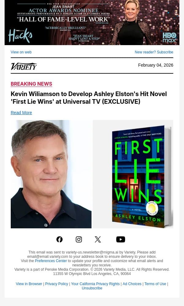 Kevin Wiliamson to Develop Ashley Elston's Hit Novel 'First Lie Wins' at Universal TV (EXCLUSIVE) email from Variety screenshot