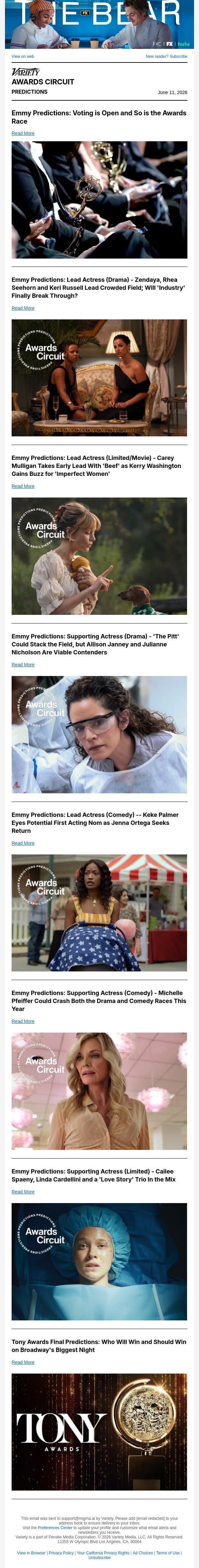 Emmy Voting is Open: What's the State of the Race? email from Variety screenshot