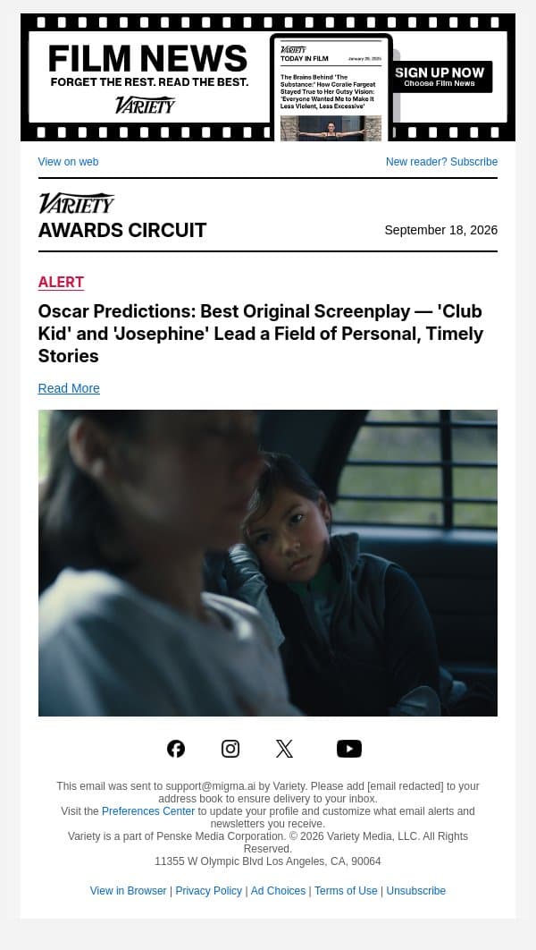 Oscar Predictions: Best Original Screenplay — 'Club Kid' and 'Josephine' Lead a Field of Personal, Timely Stories email from Variety screenshot