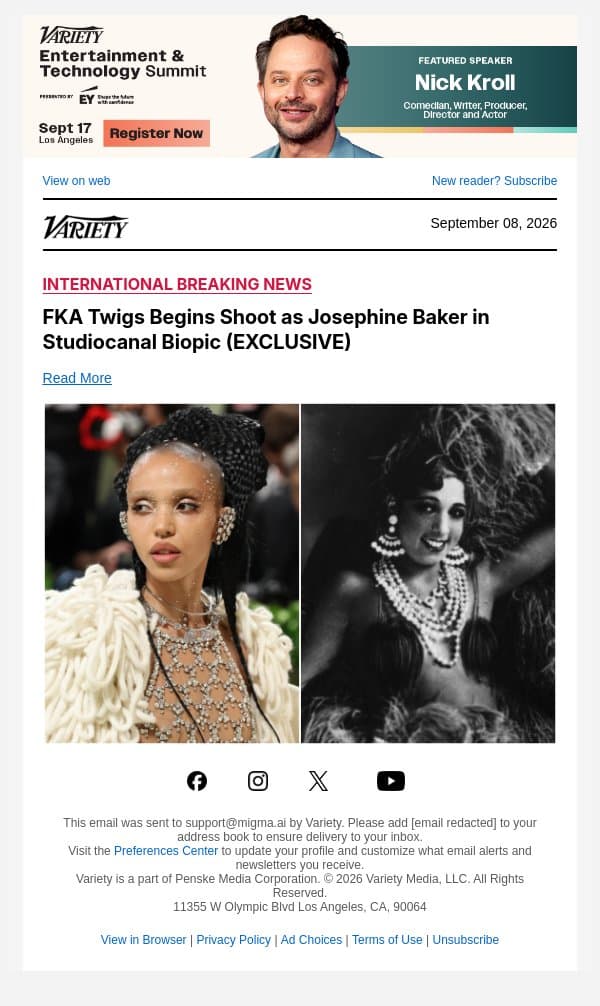 FKA Twigs Begins Shoot as Josephine Baker in Studiocanal Biopic (EXCLUSIVE) email from Variety screenshot