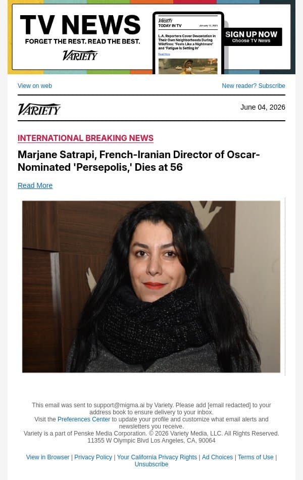 Marjane Satrapi, French-Iranian Director of Oscar-Nominated 'Persepolis,' Dies at 56 email from Variety screenshot