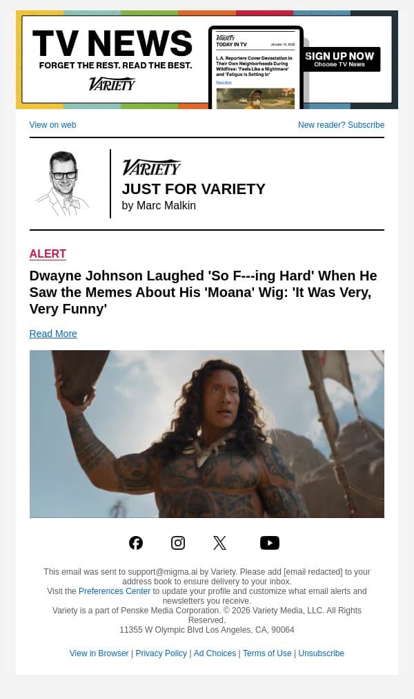 Dwayne Johnson Laughed 'So F---ing Hard' When He Saw the Memes About His 'Moana' Wig: 'It Was Very, Very Funny' email from Variety screenshot